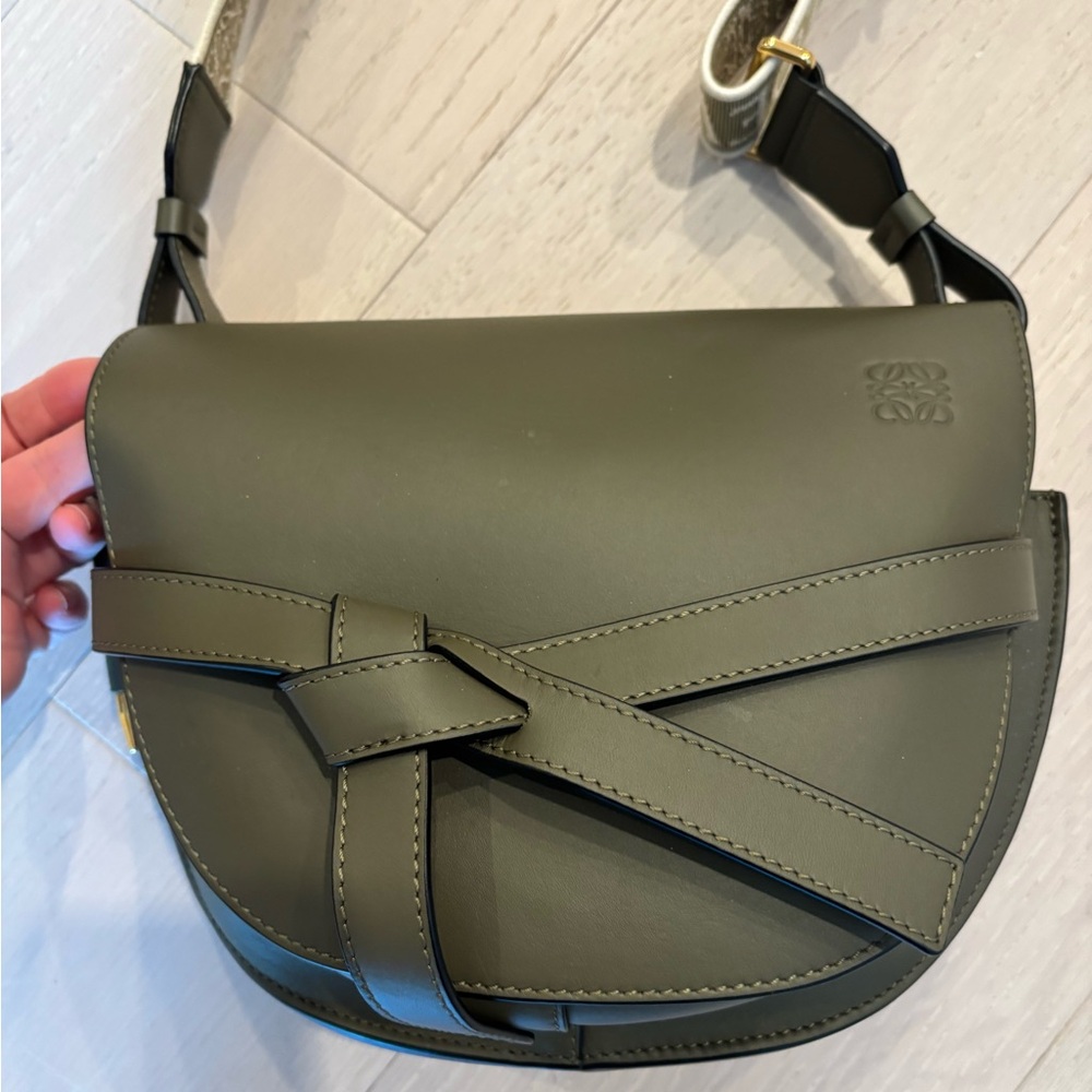 Loewe Gate Leather Dual Gold Jacquard Shoulder Bag Khaki Olive Green